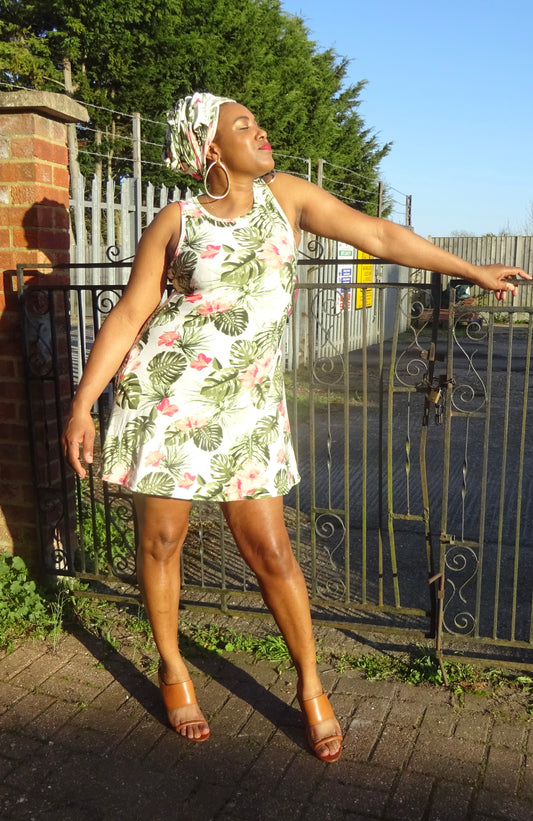 Summer Amber Leaf Dress With Bohemian Turban Cream Green Pink Cute Beachwear Holiday Summer Womenswear Floral