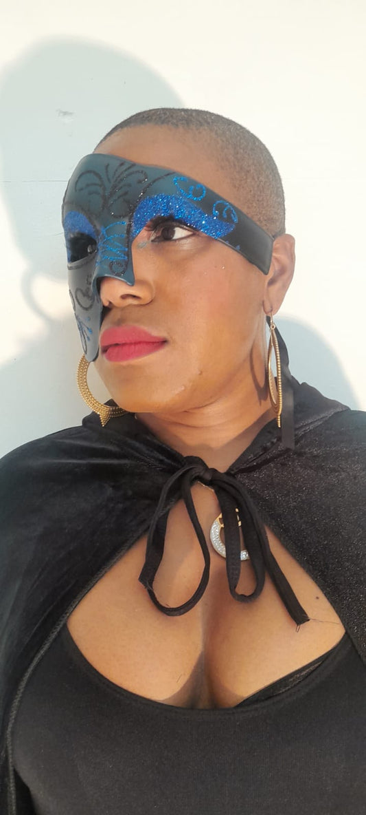 Fancy Dress Adult Masquerade Half Mask. Blue and Black Design. Unisex