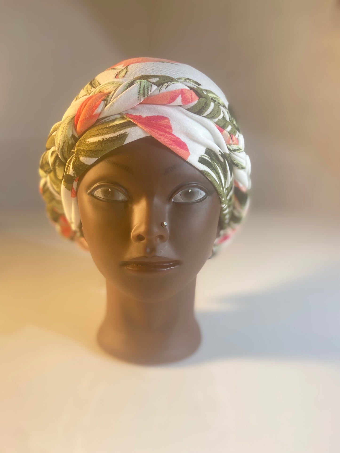 Summer Amber Leaf Dress With Bohemian Turban Cream Green Pink Cute Beachwear Holiday Summer Womenswear Floral