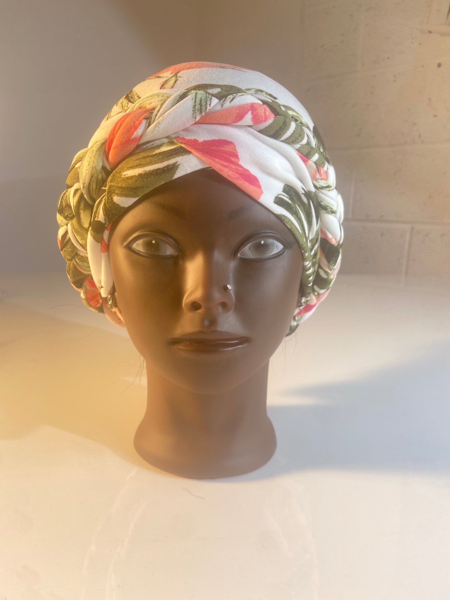 Summer Amber Leaf Dress With Bohemian Turban Cream Green Pink Cute Beachwear Holiday Summer Womenswear Floral