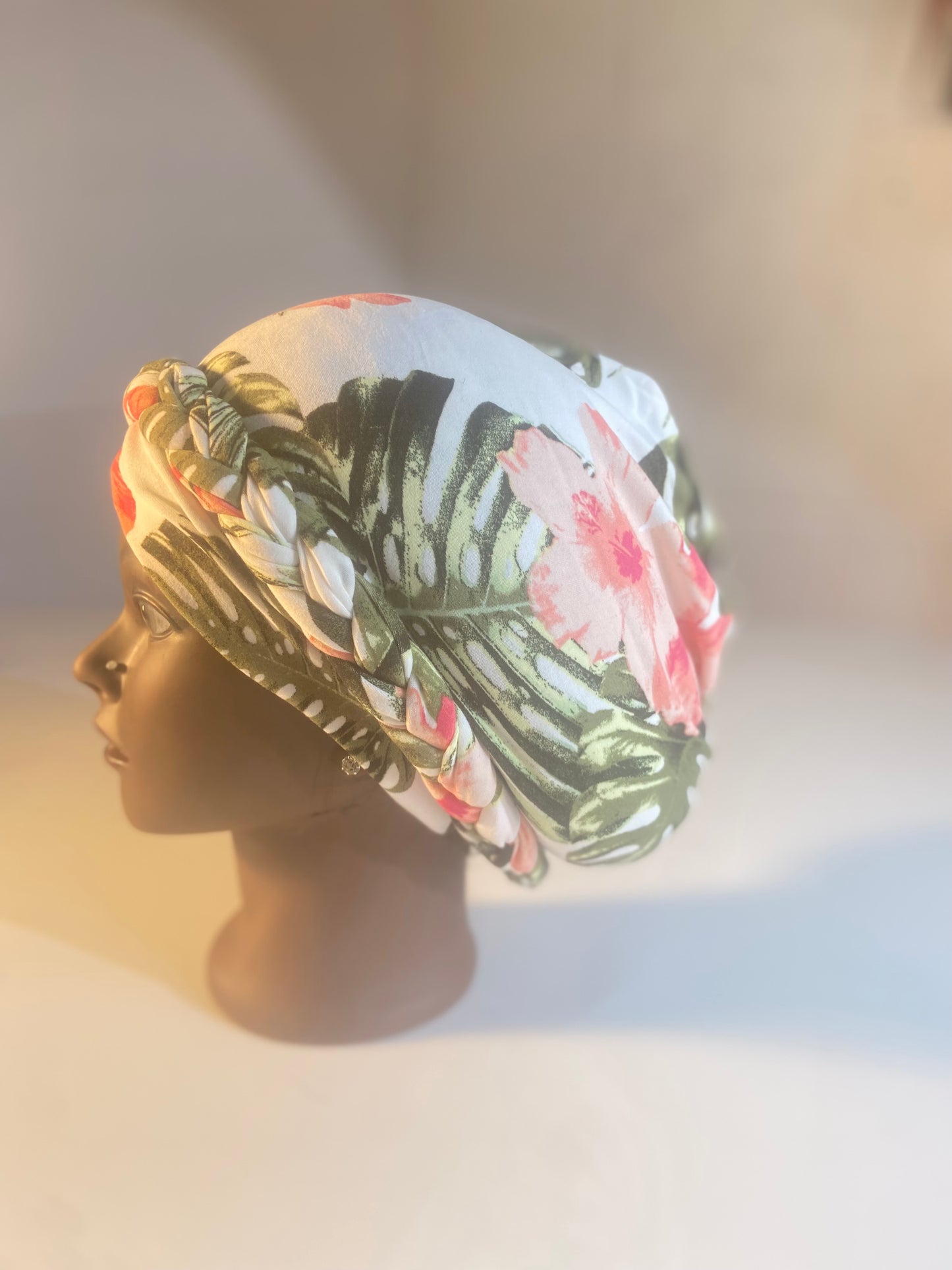 Summer Amber Leaf Dress With Bohemian Turban Cream Green Pink Cute Beachwear Holiday Summer Womenswear Floral