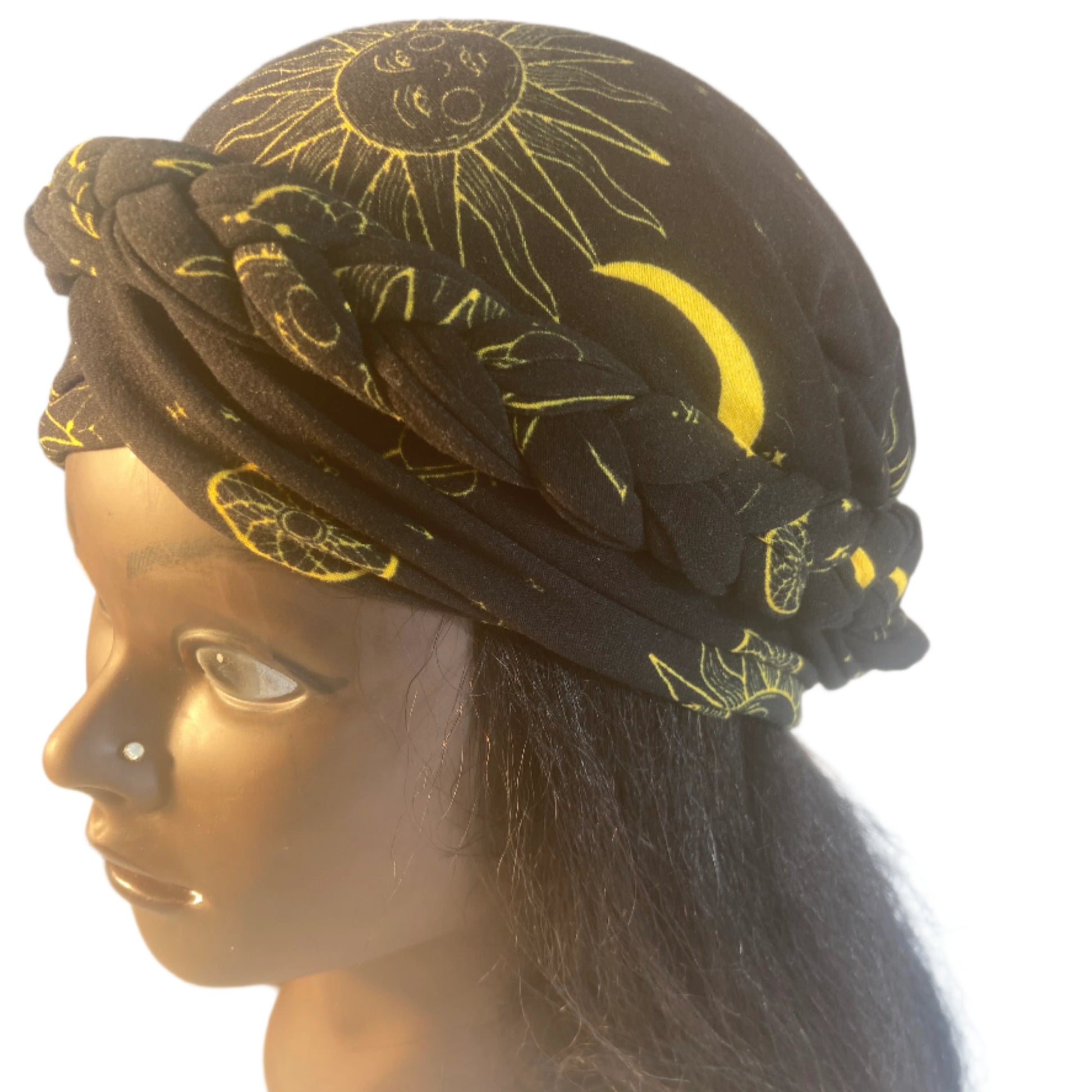 Bohemian hijab start and planets turban hat headwear black and yellow