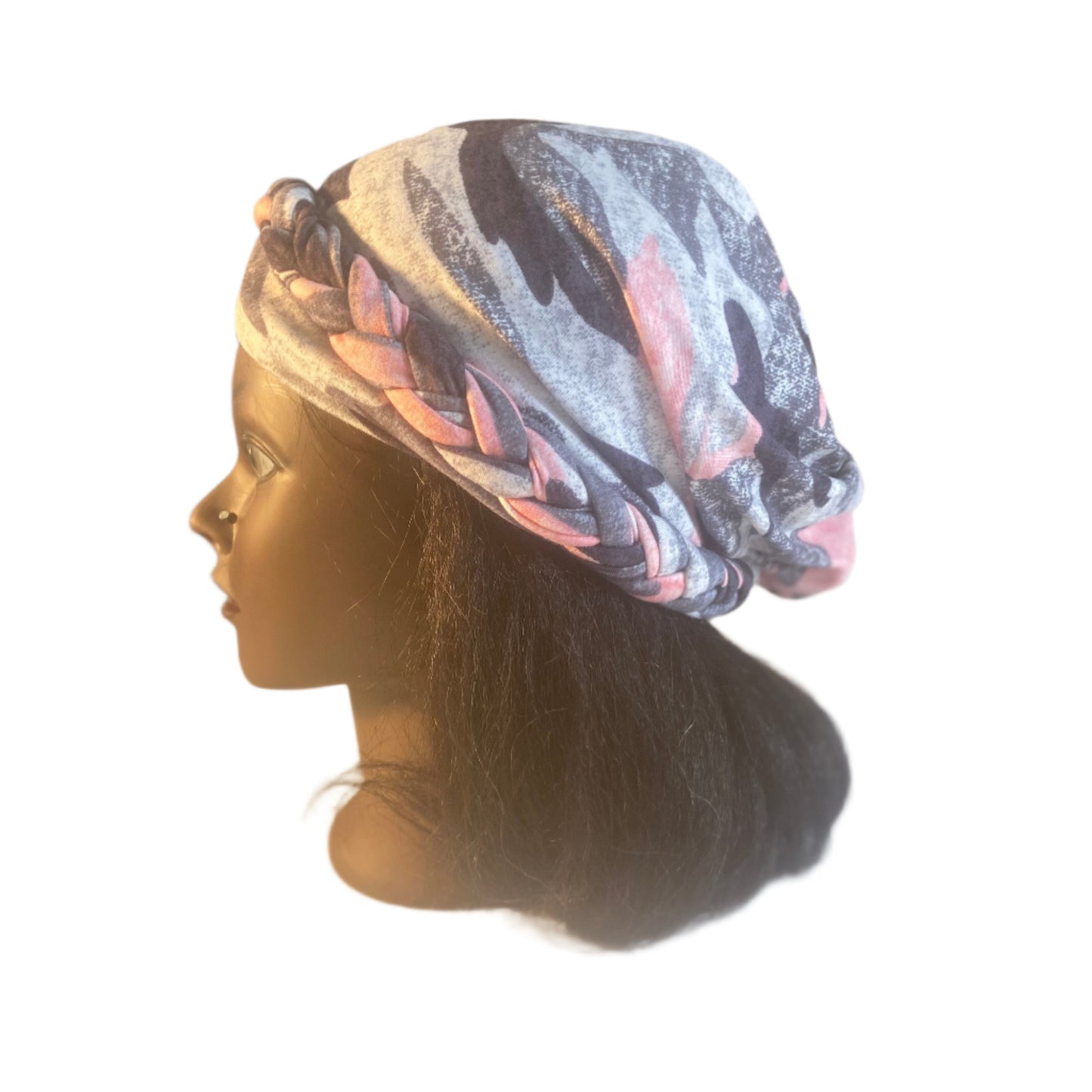 Camouflage grey and pink turban  with pre-tied braid 
