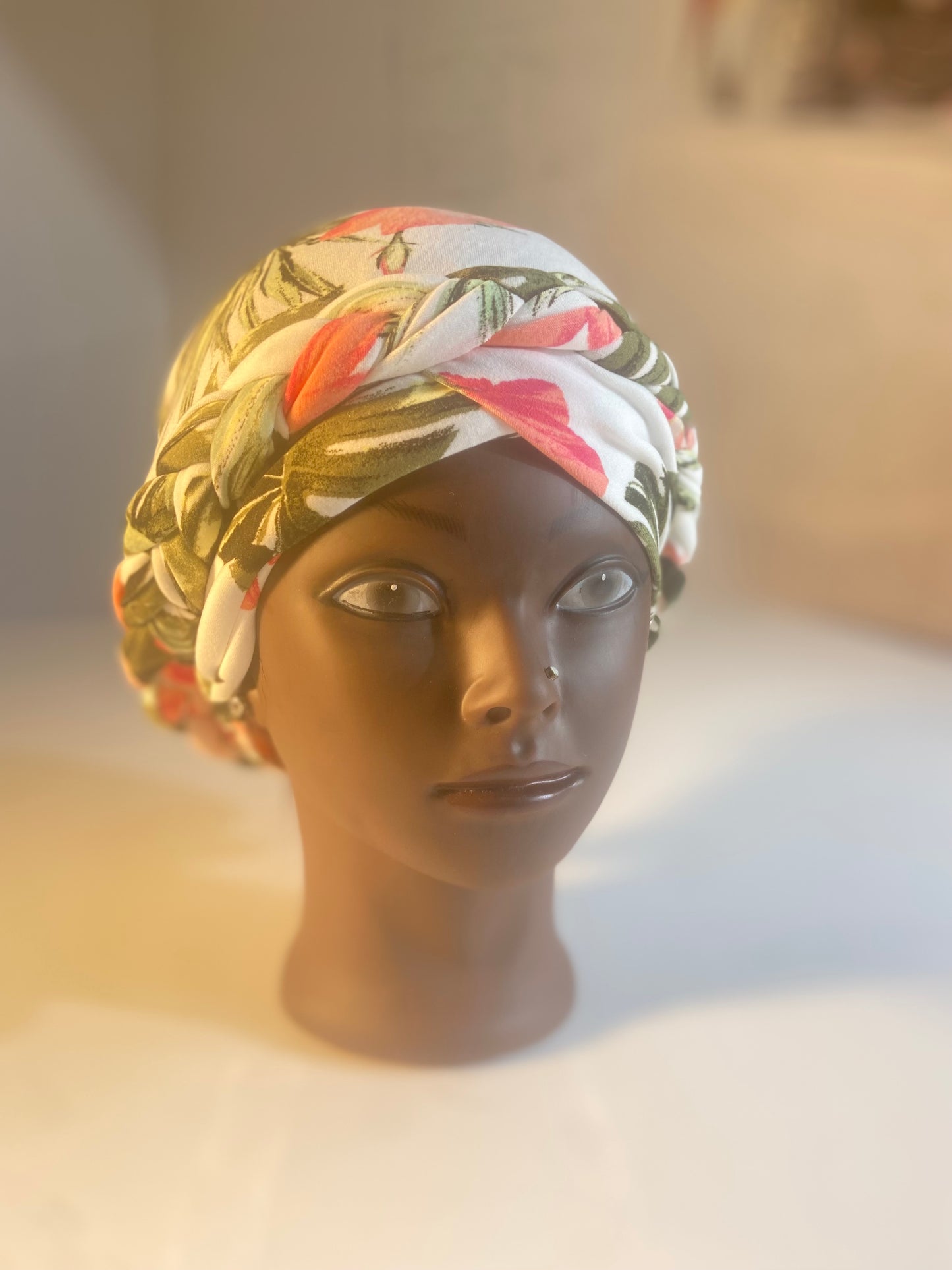 Summer Amber Leaf Dress With Bohemian Turban Cream Green Pink Cute Beachwear Holiday Summer Womenswear Floral