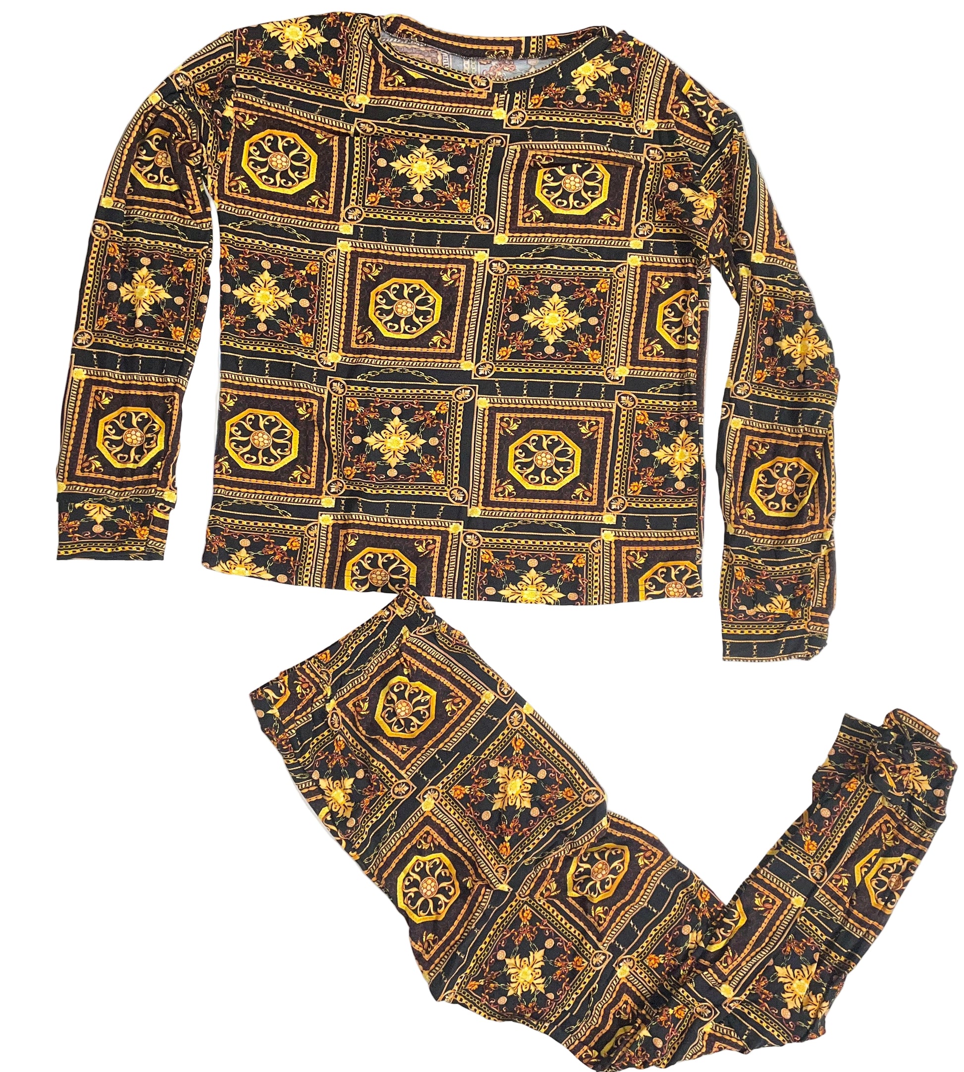 Black and gold patterned long-sleeve top and pants set on a white background