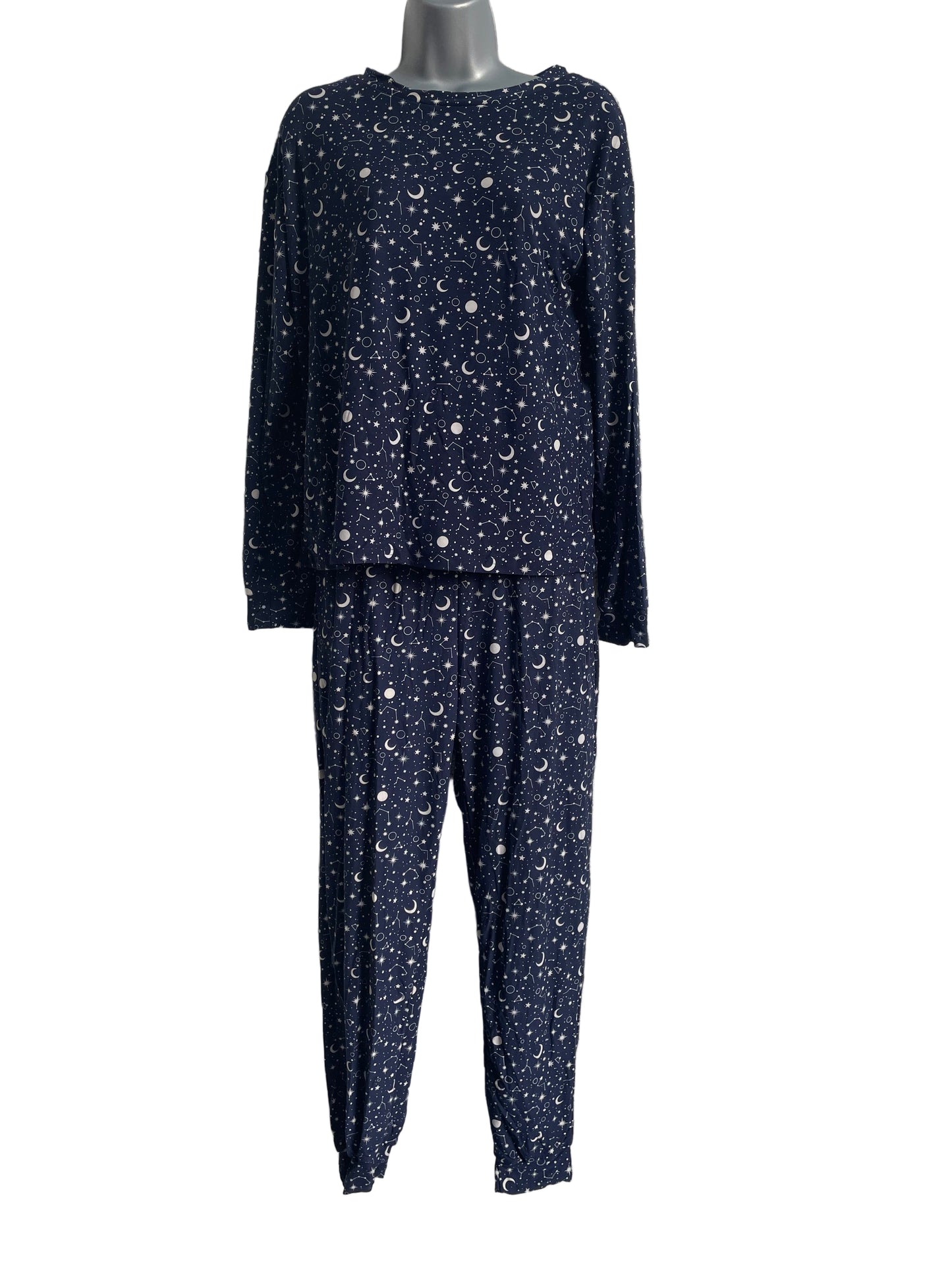 Navy blue fabric with white patterns