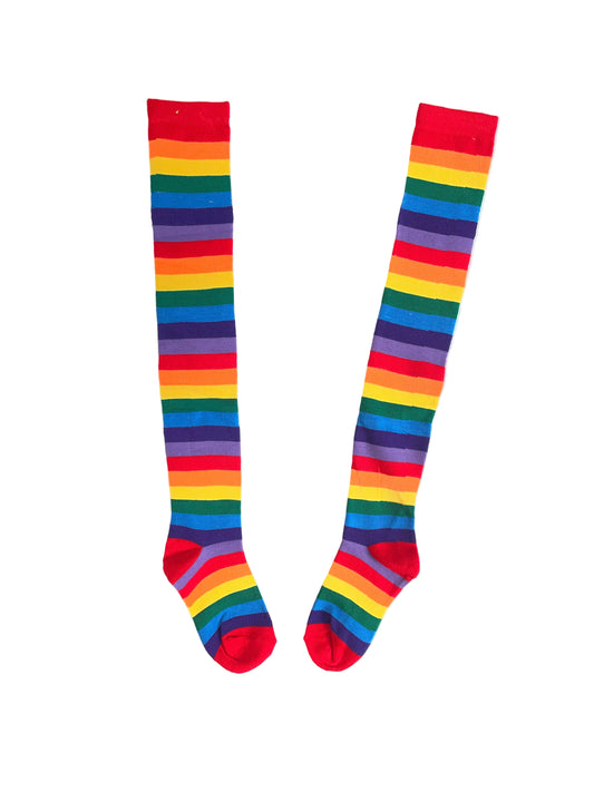 Pair of rainbow striped socks on a white background